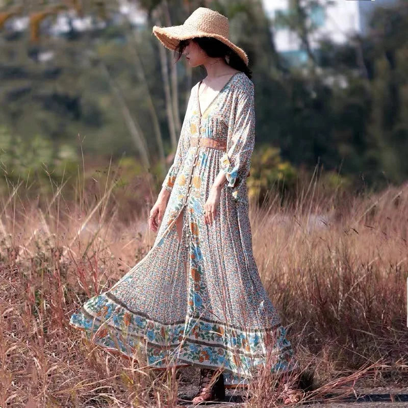 Flare Sleeve Button Down Printing Chic Boho Dress