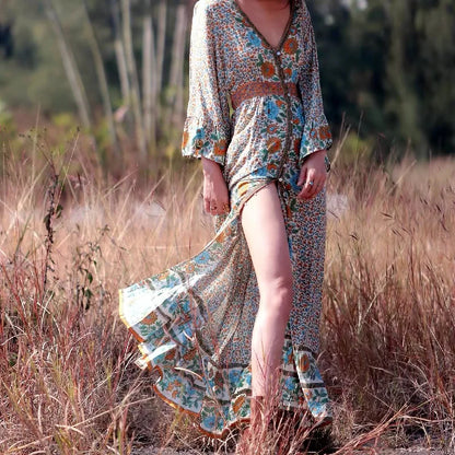 Flare Sleeve Button Down Printing Chic Boho Dress