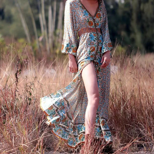 Flare Sleeve Button Down Printing Chic Boho Dress