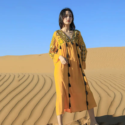 Flare Sleeve Tassel Vintage Style Floral Boho Dress