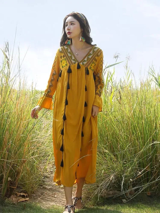 Flare Sleeve Tassel Vintage Style Floral Boho Dress