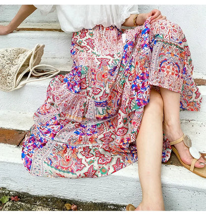 High Waist Floral Beach Skirt Lace Patchwork Chic Cotton Maxi