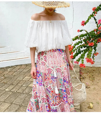 High Waist Floral Beach Skirt Lace Patchwork Chic Cotton Maxi