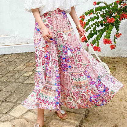 High Waist Floral Beach Skirt Lace Patchwork Chic Cotton Maxi
