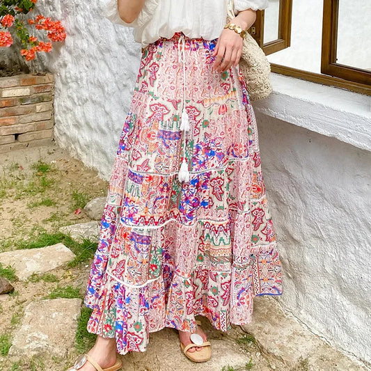 High Waist Floral Beach Skirt Lace Patchwork Chic Cotton Maxi