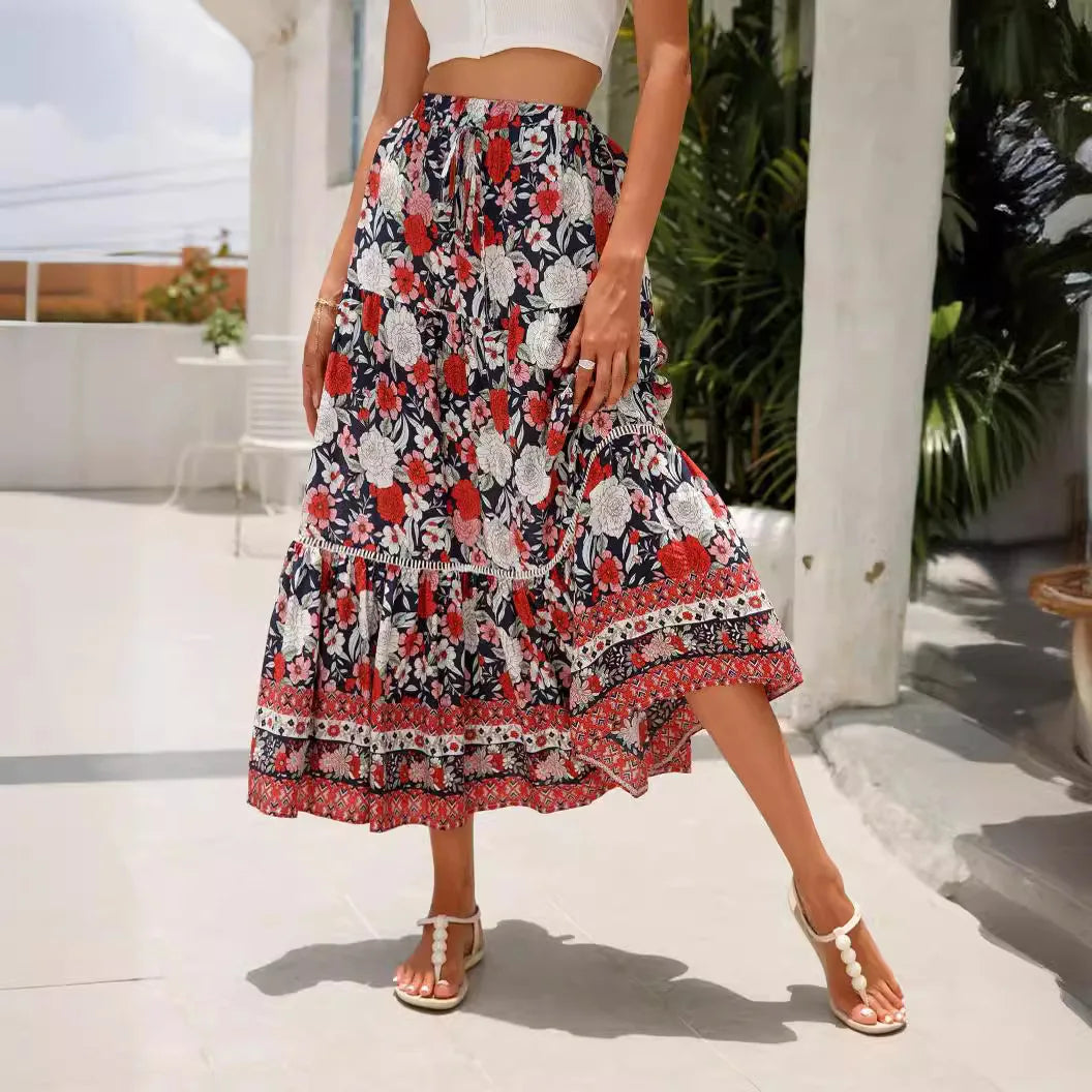 High Waist Floral Beach Skirt A-line Ruffled Lace Holiday Maxi