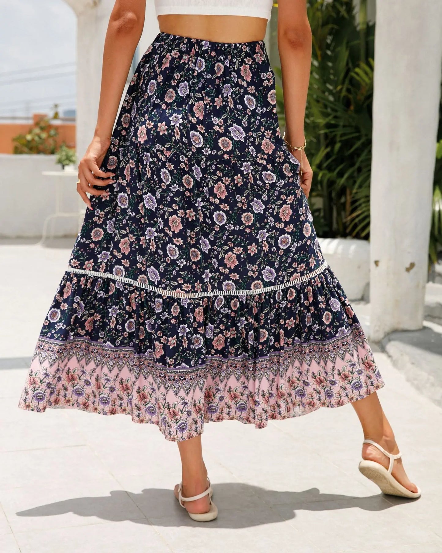 High Waist Floral Beach Skirt A-line Ruffled Lace Holiday Maxi