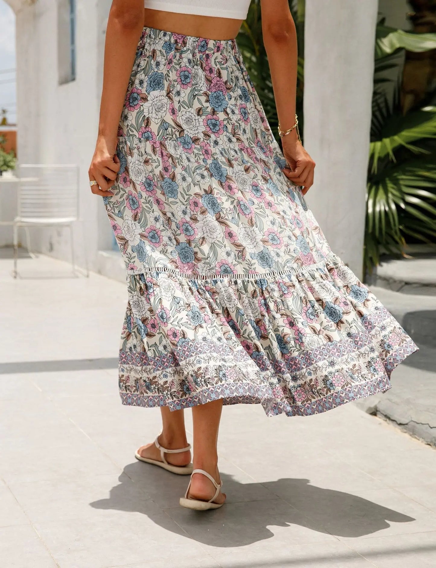 High Waist Floral Beach Skirt A-line Ruffled Lace Holiday Maxi