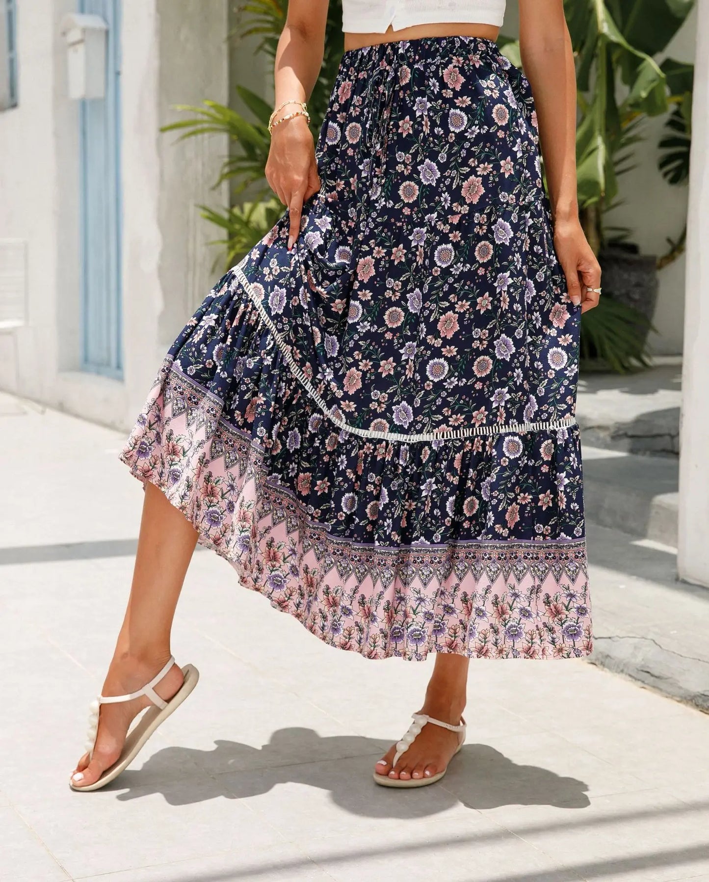 High Waist Floral Beach Skirt A-line Ruffled Lace Holiday Maxi