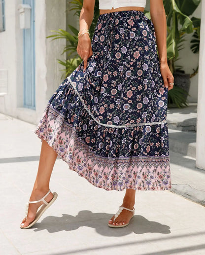High Waist Floral Beach Skirt A-line Ruffled Lace Holiday Maxi
