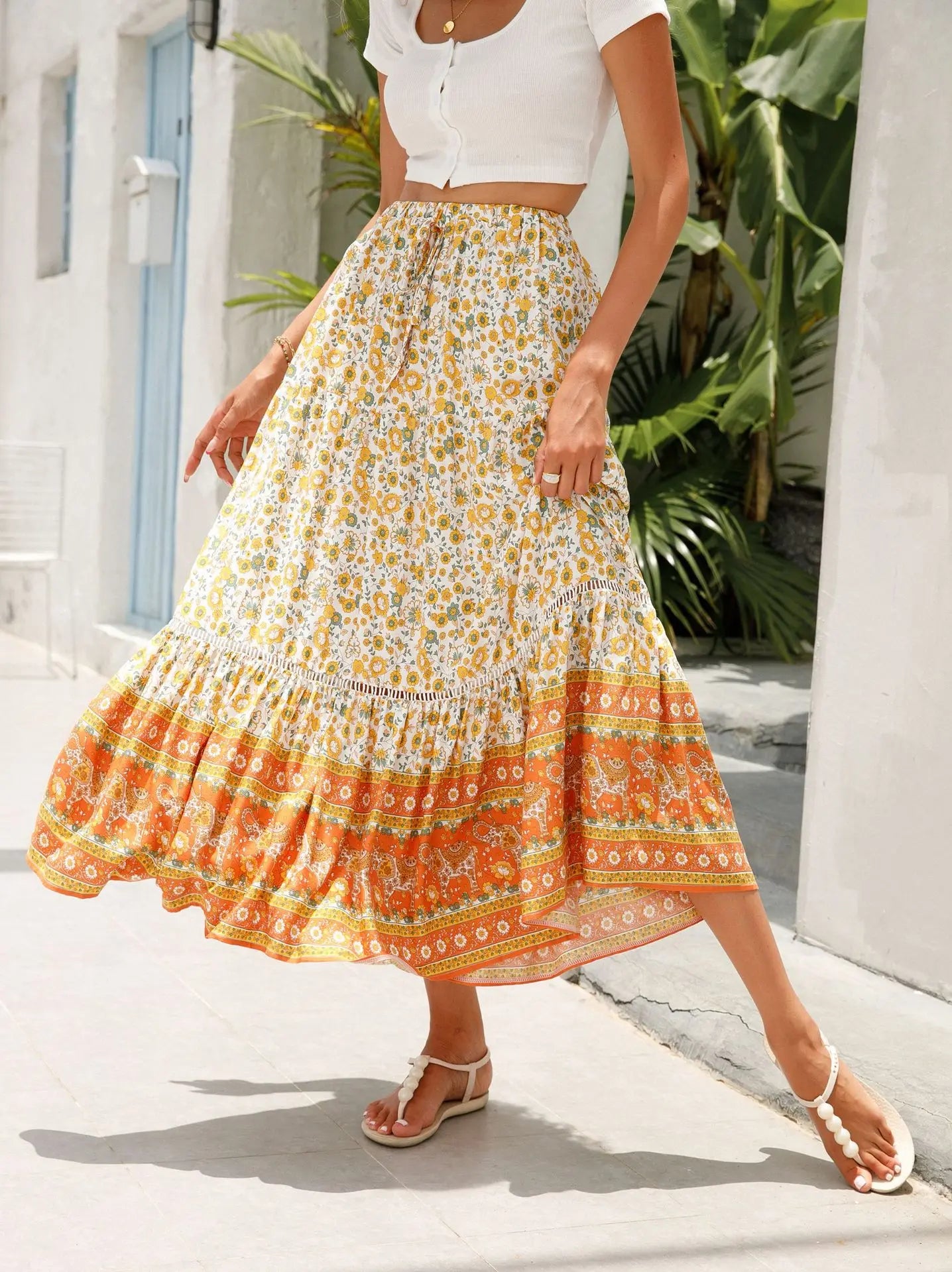 High Waist Floral Beach Skirt A-line Ruffled Lace Holiday Maxi