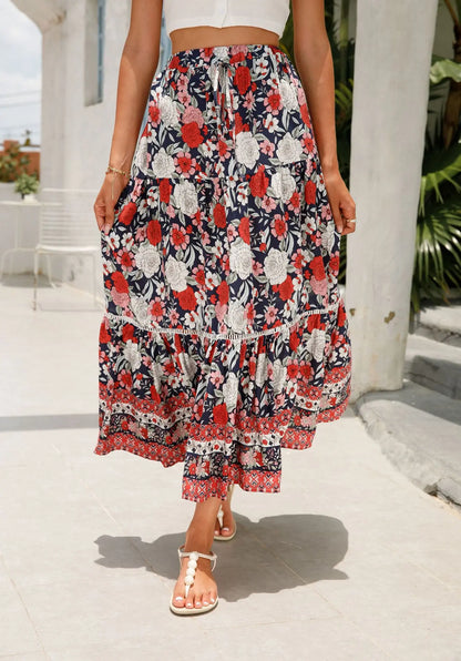 High Waist Floral Beach Skirt A-line Ruffled Lace Holiday Maxi