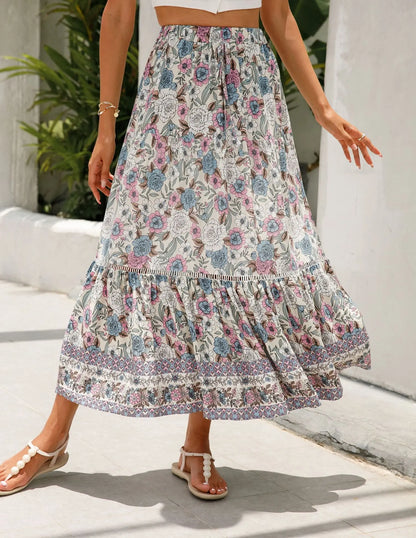 High Waist Floral Beach Skirt A-line Ruffled Lace Holiday Maxi