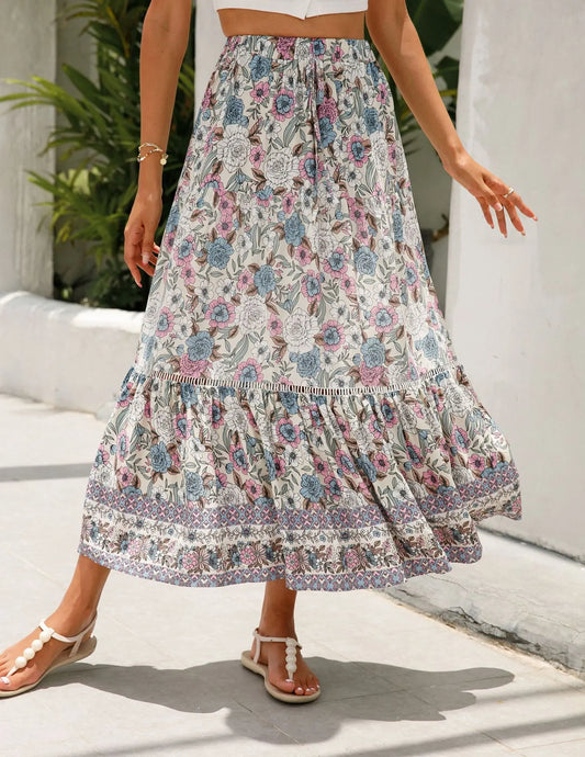 High Waist Floral Beach Skirt A-line Ruffled Lace Holiday Maxi