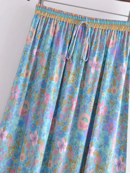 Boho High Waist Viscose Maxi Skirt A-line Ruffled Floral Print