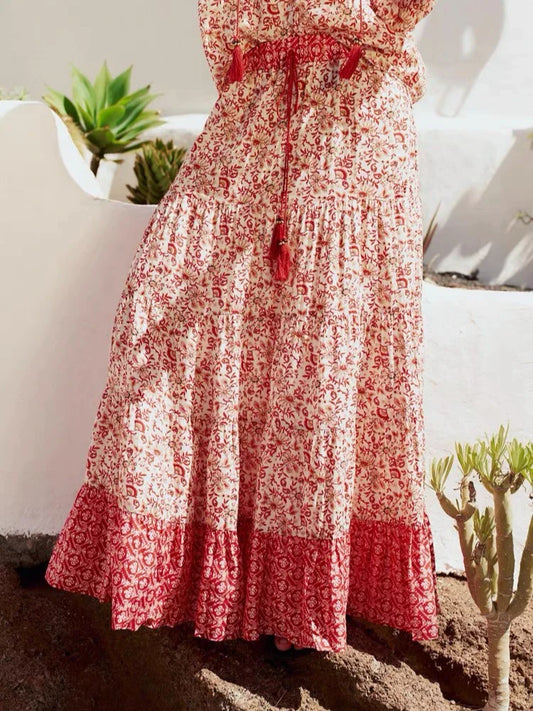 Low Waist A-line Beach Skirt Floral Red Maxi Ruffled Holiday