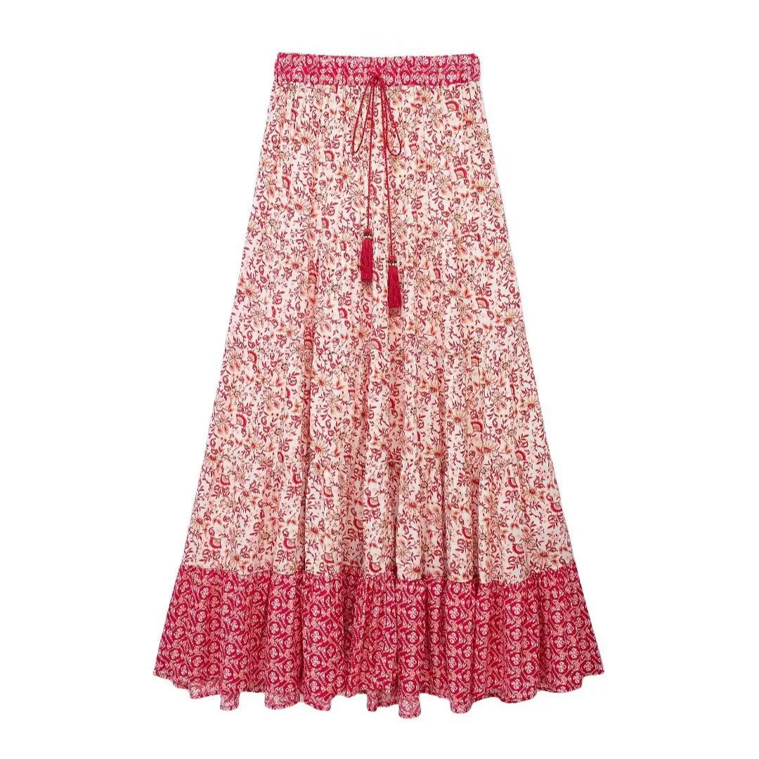 Low Waist A-line Beach Skirt Floral Red Maxi Ruffled Holiday