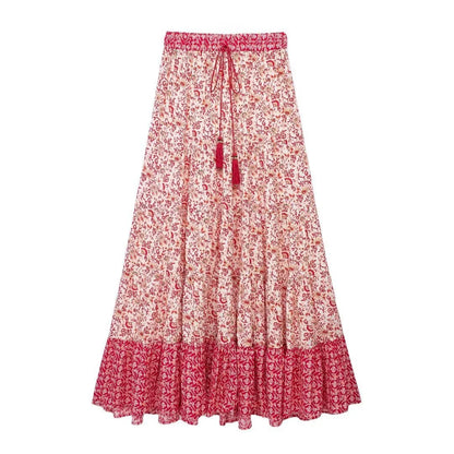 Low Waist A-line Beach Skirt Floral Red Maxi Ruffled Holiday