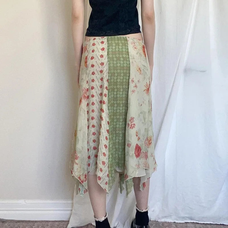 Low Waist Boho Skirts Irregular Length Floral Chiffon Vacation