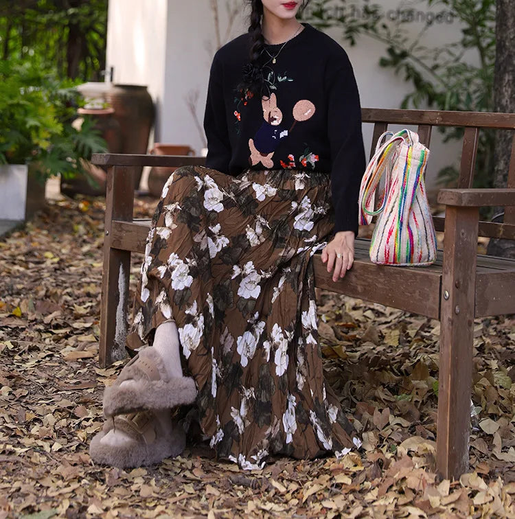 High Waist Rose Pendulum Skirt Boho Draped Pleated Vintage Maxi