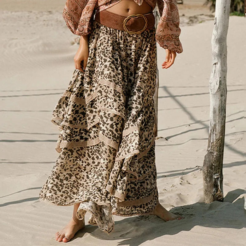 Holiday Skirts Low Waist Leopard Print Maxi Spliced Irregular