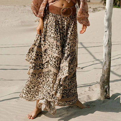 Holiday Skirts Low Waist Leopard Print Maxi Spliced Irregular