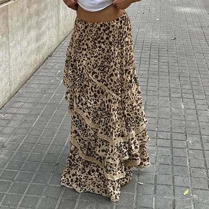 Holiday Skirts Low Waist Leopard Print Maxi Spliced Irregular