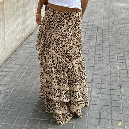 Holiday Skirts Low Waist Leopard Print Maxi Spliced Irregular