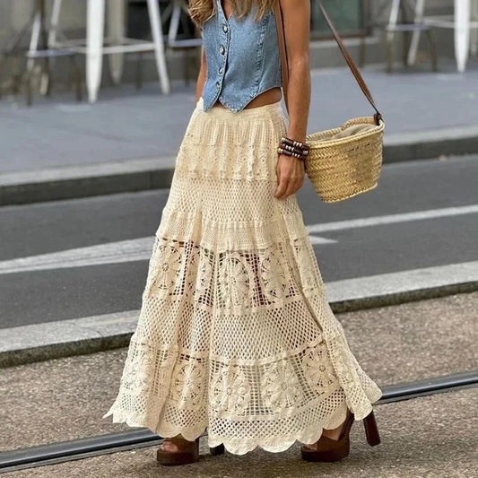 Hollow Out Maxi Skirt Solid Color A-line Hook Romantic Holiday