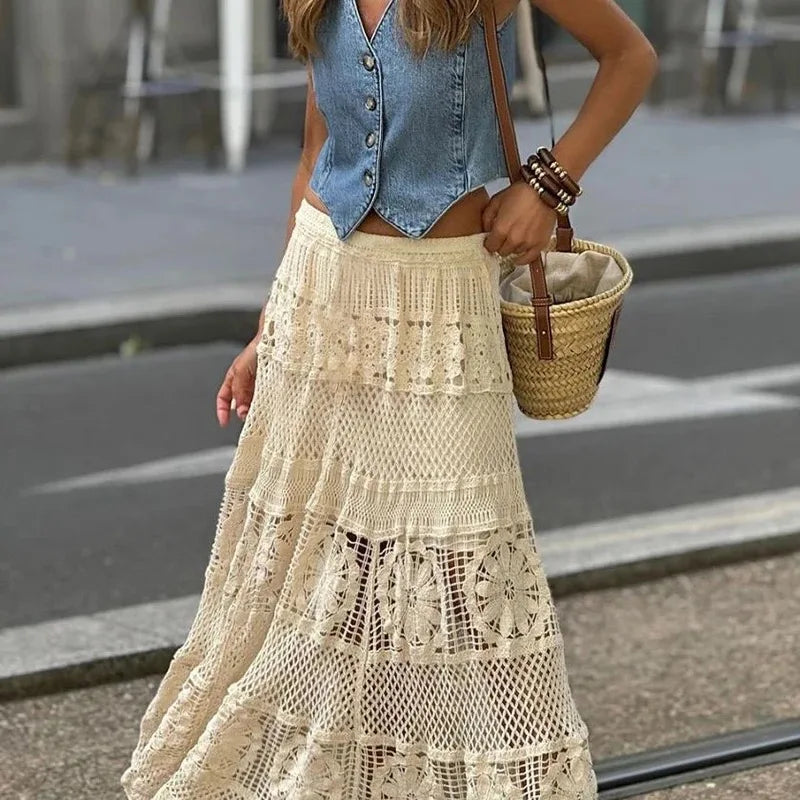 Hollow Out Maxi Skirt Solid Color A-line Hook Romantic Holiday