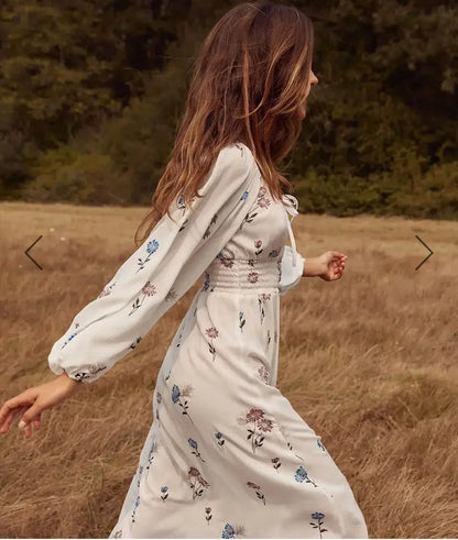 Long-sleeved Stretch Waist Split White Boho Dress
