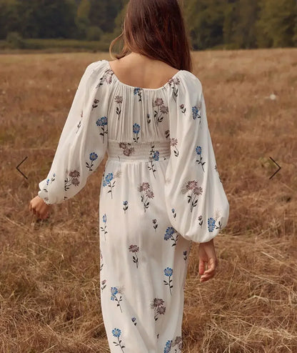 Long-sleeved Stretch Waist Split White Boho Dress
