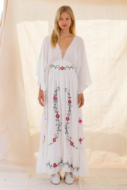 V-neck Embroidery Flower Retro National Boho Dress