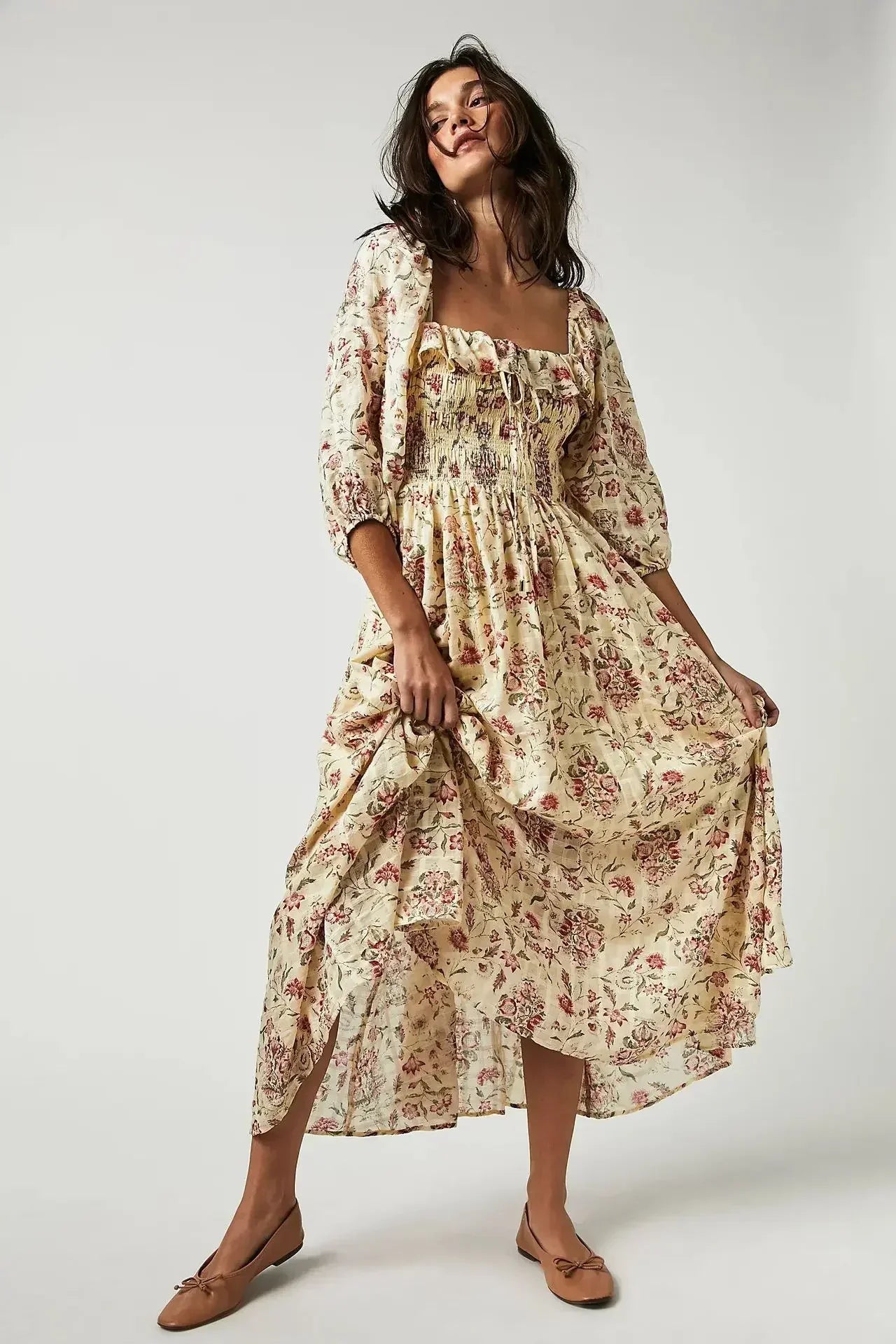Backless Ruffled Hem Printing Midi Boho Dress