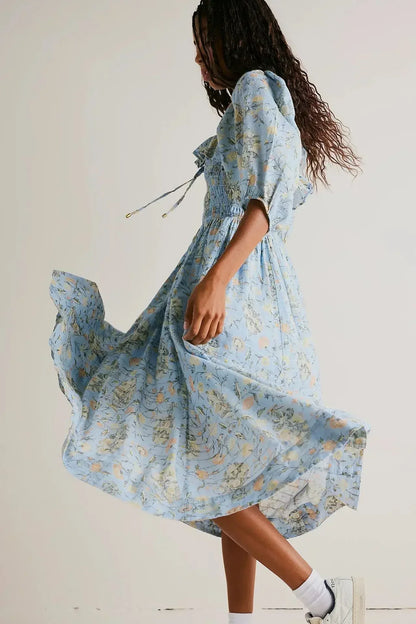 Backless Ruffled Hem Printing Midi Boho Dress