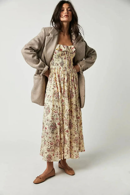 Backless Ruffled Hem Printing Midi Boho Dress