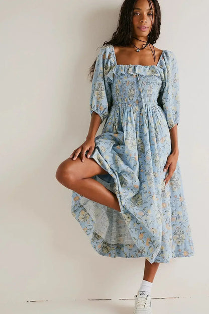 Backless Ruffled Hem Printing Midi Boho Dress