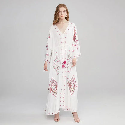 V Collar Embroidery Oversized Casual Cotton Boho Dress