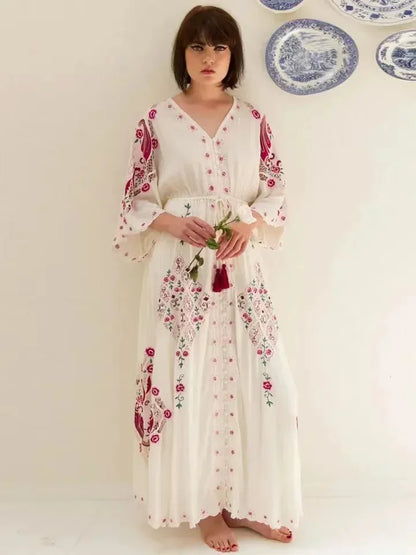 V Collar Embroidery Oversized Casual Cotton Boho Dress