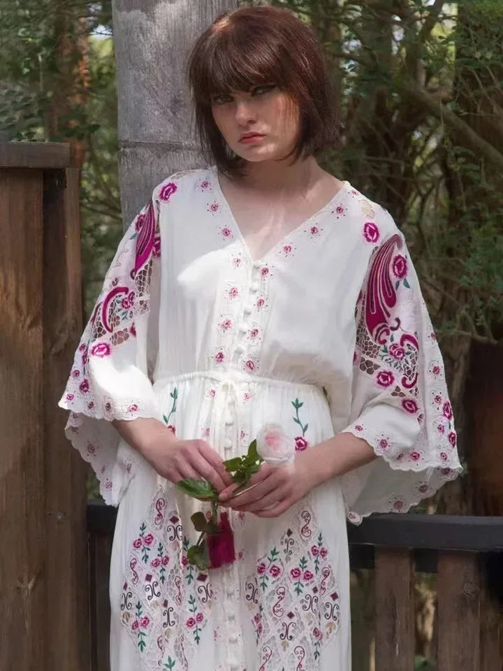 V Collar Embroidery Oversized Casual Cotton Boho Dress