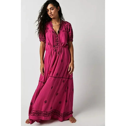 Button Down Embroidery Short Sleeve Chic Boho Dress