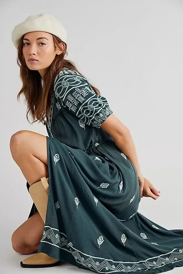 Button Down Embroidery Short Sleeve Chic Boho Dress