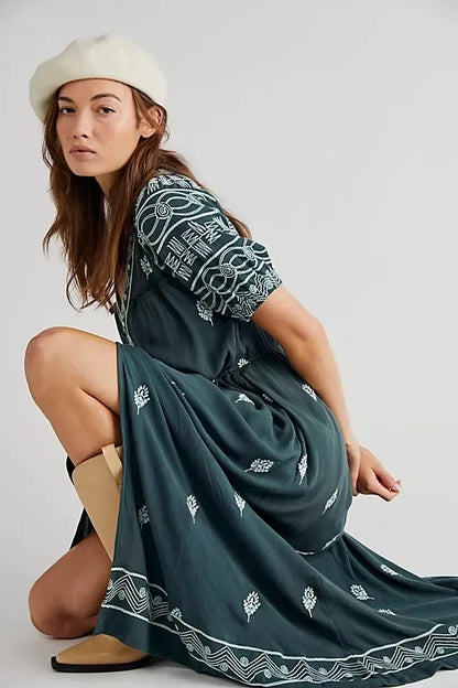 Button Down Embroidery Short Sleeve Chic Boho Dress