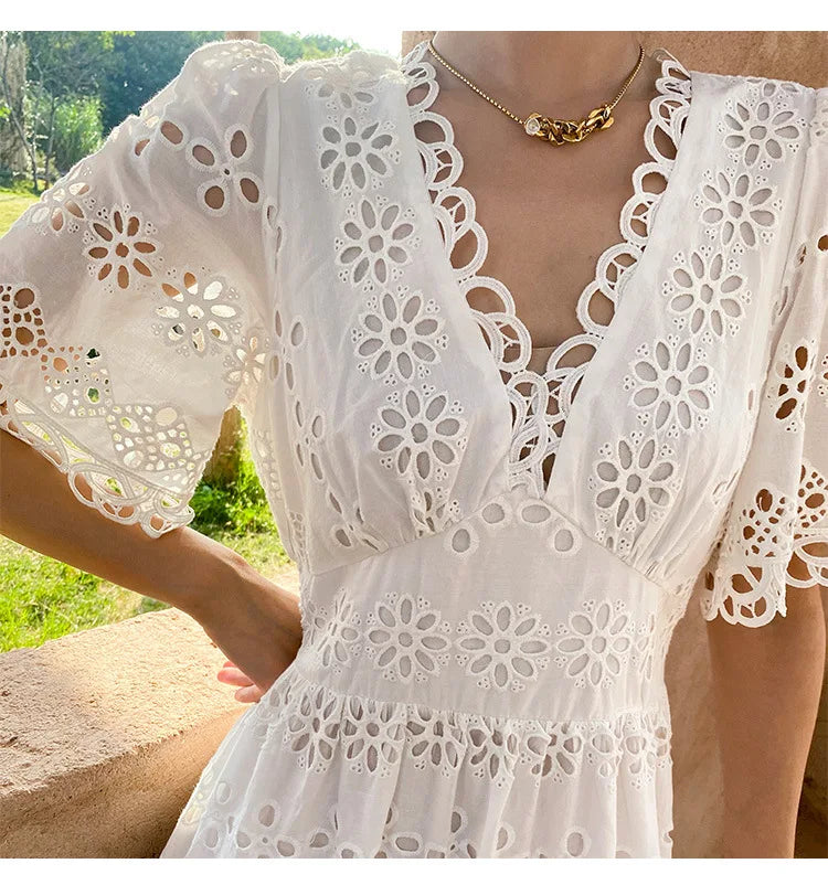 Button Up Embroidery Lantern Sleeve Cotton Boho Dress