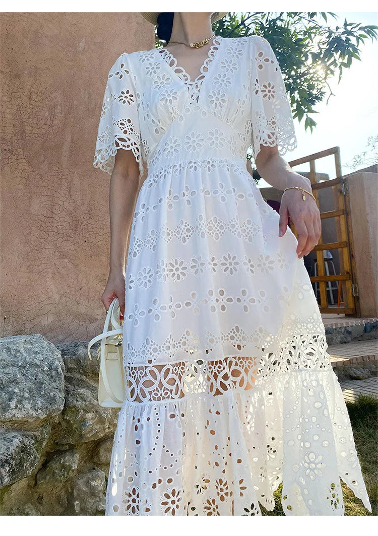 Button Up Embroidery Lantern Sleeve Cotton Boho Dress