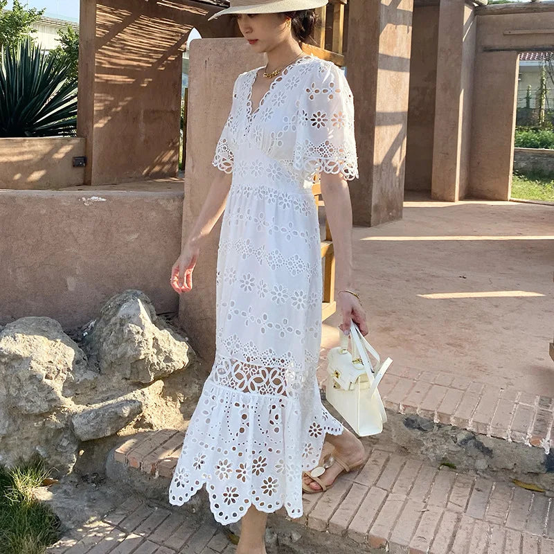 Button Up Embroidery Lantern Sleeve Cotton Boho Dress