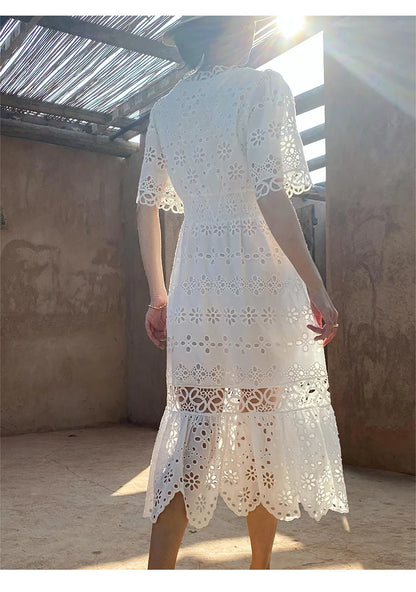 Button Up Embroidery Lantern Sleeve Cotton Boho Dress