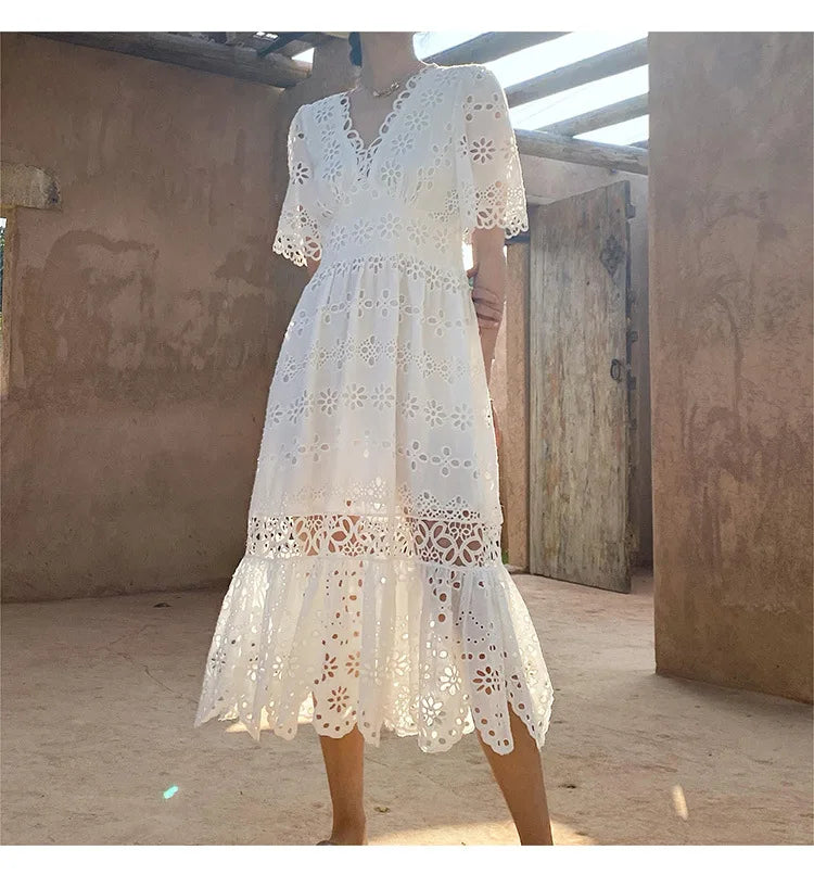 Button Up Embroidery Lantern Sleeve Cotton Boho Dress