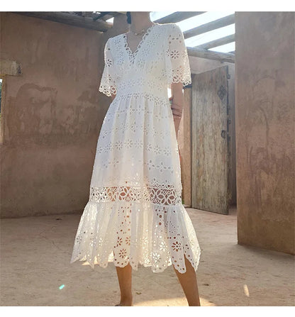 Button Up Embroidery Lantern Sleeve Cotton Boho Dress