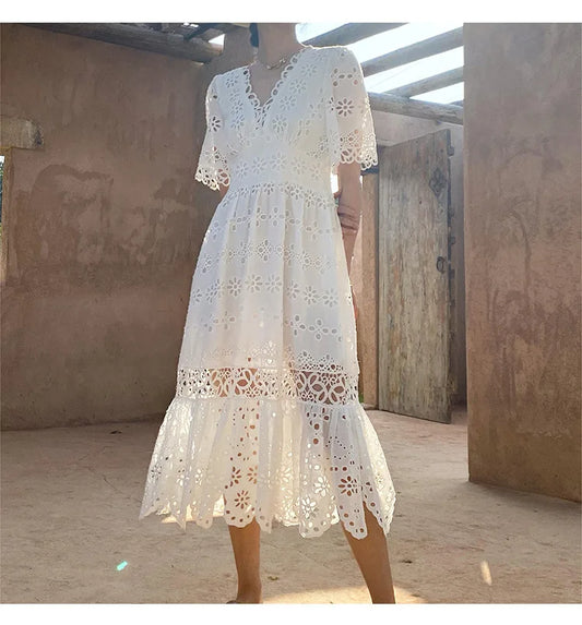 Button Up Embroidery Lantern Sleeve Cotton Boho Dress
